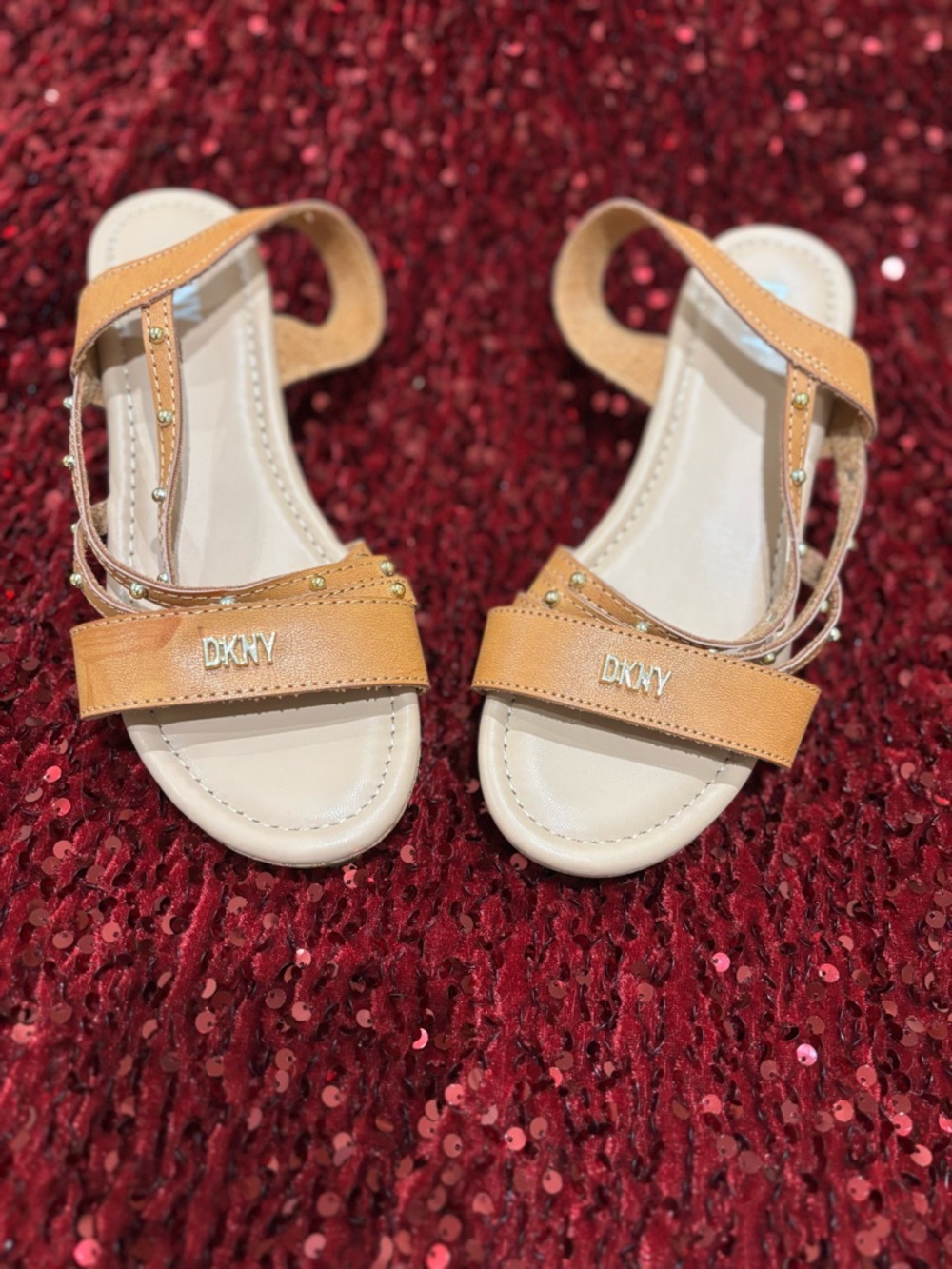 DKNY Tan & White Studded Slingback Sandals